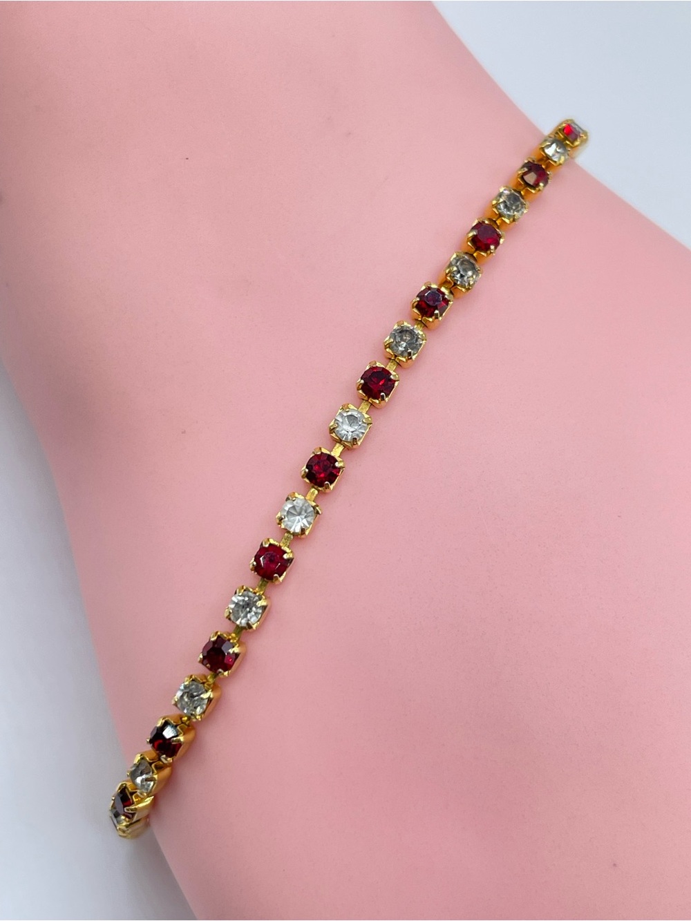 Vintage Red Clear Crystal Tennis Bracelet Gold Rhinestone Glam